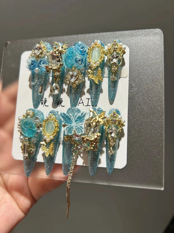 Qfdian 10Pcs High Quality Handmade Press on Nails Qingwu Yuanshan Green Spring/Summer Explosive Luxury Heavy Industry Niche Style Hot